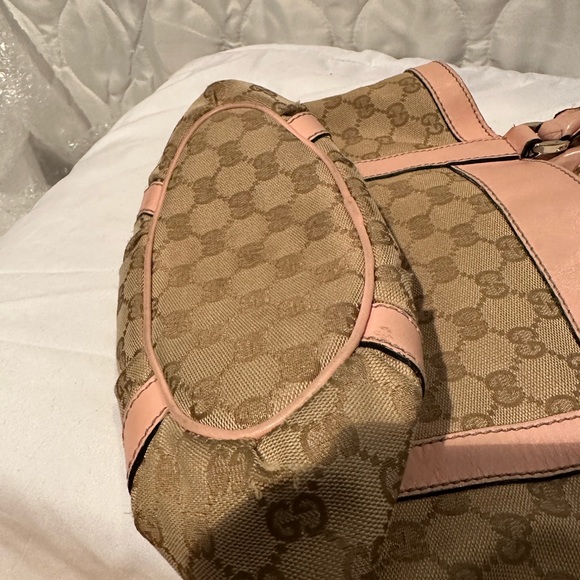 š„³HPš„³ Gucci GG pink bubble gum and tan canvas small leather trim tote bag - Picture 12 of 16
